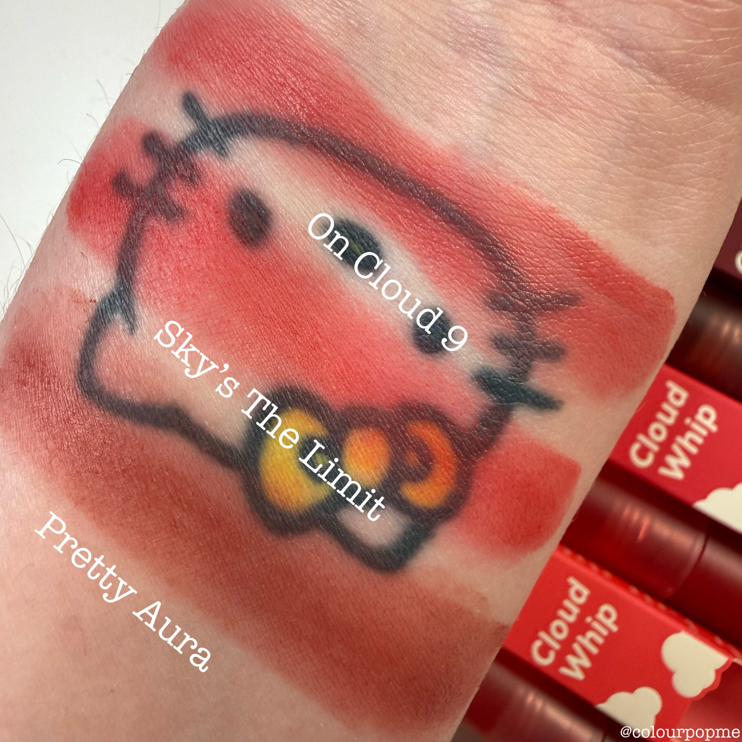 NEW Colourpop Cloud Whip Blurring Liquid Lipstick swatches - On Cloud 9, Sky's The Limit, Pretty Aura